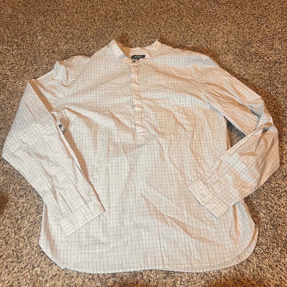 DKNY Mens Long Sleeve Button Up Shirt Collarless Grid Pattern Size M